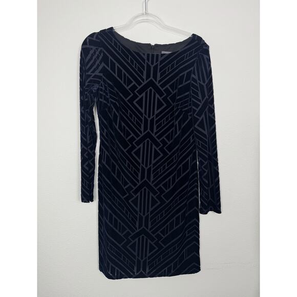 Vince Camuto Dress Womens 8 Navy Blue Velvet Geometric Sheath Long Sleeve Party - Picture 1 of 10